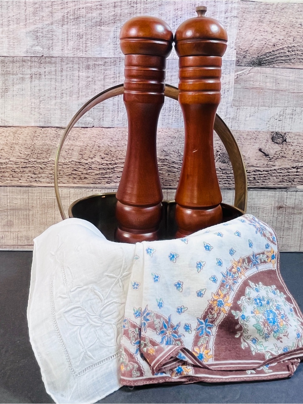 Vintage Cottagecore Brass Heart Basket Salt & Pepper Mills Embroidered Hankies